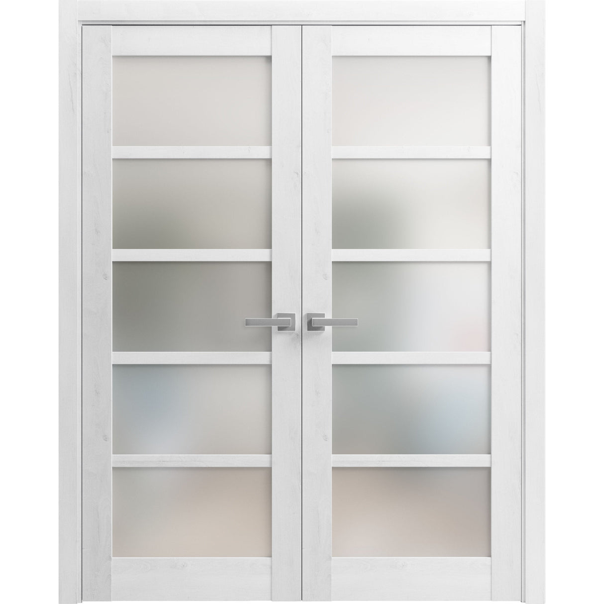 Solid French Double Doors | Quadro 4002 Nordic White with Frosted Glass | Wood Solid Panel Frame Trims | Closet Bedroom Sturdy Doors