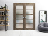 Solid French Double Doors | Quadro 4002 Cognac Oak with Frosted Glass | Wood Solid Panel Frame Trims | Closet Bedroom Sturdy Doors