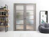 Solid French Double Doors | Quadro 4002 Nebraska Grey with Frosted Glass | Wood Solid Panel Frame Trims | Closet Bedroom Sturdy Doors