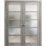 Solid French Double Doors | Quadro 4002 Nebraska Grey with Frosted Glass | Wood Solid Panel Frame Trims | Closet Bedroom Sturdy Doors