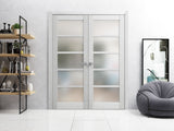 Solid French Double Doors | Quadro 4002 Light Grey Oak with Frosted Glass | Wood Solid Panel Frame Trims | Closet Bedroom Sturdy Doors