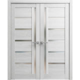 Solid French Double Doors | Quadro 4088 Light Grey Oak with Frosted Glass | Wood Solid Panel Frame Trims | Closet Bedroom Sturdy Doors