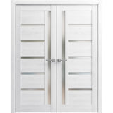 Solid French Double Doors | Quadro 4088 Nordic White with Frosted Glass | Wood Solid Panel Frame Trims | Closet Bedroom Sturdy Doors