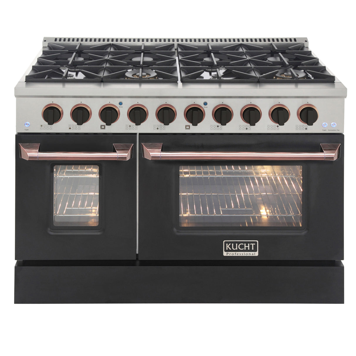 KUCHT Professional 48 in. 6.7 cu. ft. Propane Gas Range with Sealed Burners, Griddle/Grill and Two Ovens - One Convection - in Stainless Steel with Black Oven Door, Black Knobs and Knob Rings