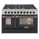 KUCHT Professional 48 in. 6.7 cu. ft. Propane Gas Range with Sealed Burners, Griddle/Grill and Two Ovens - One Convection - in Stainless Steel with Black Oven Door, Black Knobs and Knob Rings