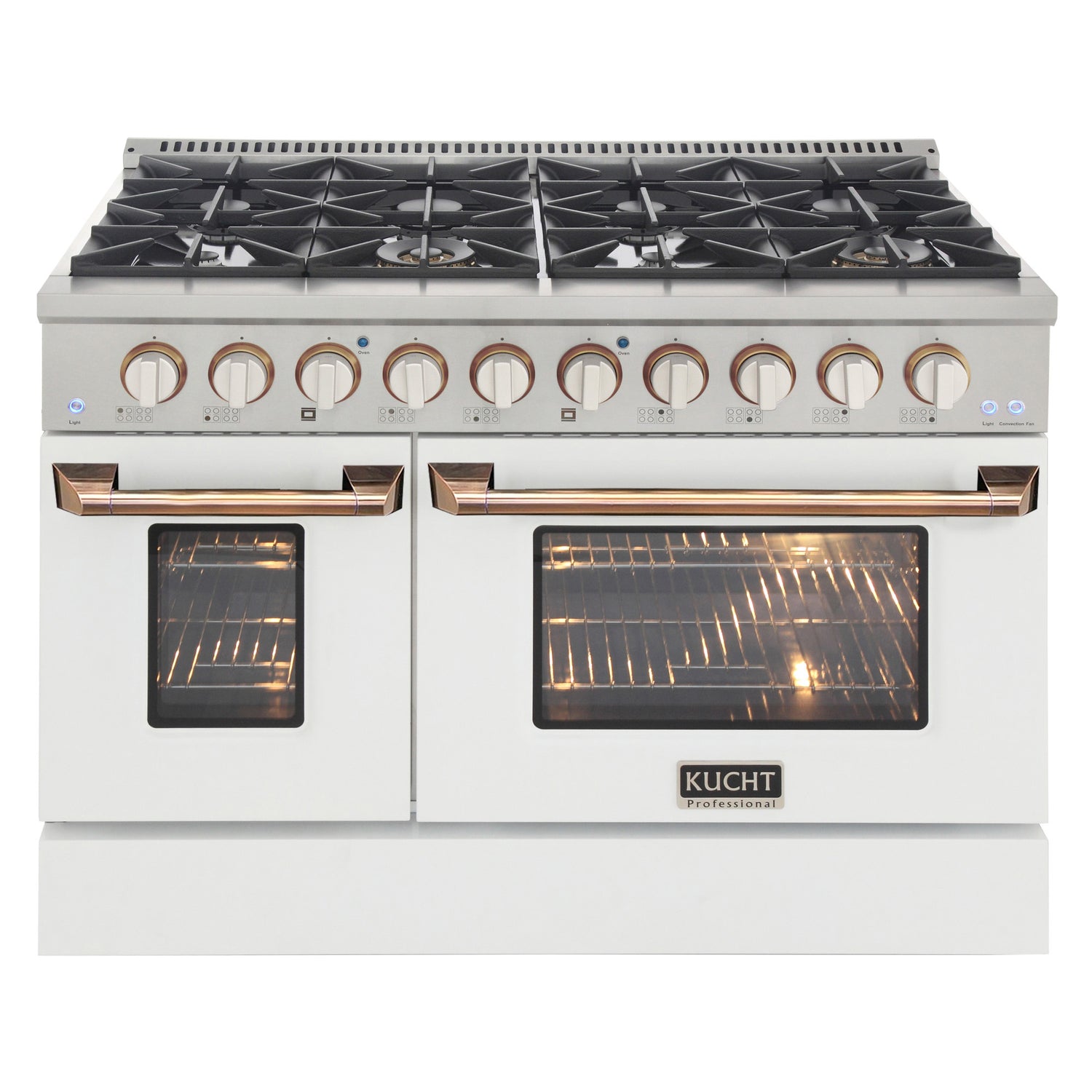 KUCHT Professional 48 in. 6.7 cu. ft. Propane Gas Range with Sealed Burners, Griddle/Grill and Two Ovens - One Convection - in Stainless Steel with White Oven Door, White Knobs and knob rings