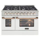 KUCHT Professional 48 in. 6.7 cu. ft. Propane Gas Range with Sealed Burners, Griddle/Grill and Two Ovens - One Convection - in Stainless Steel with White Oven Door, White Knobs and knob rings
