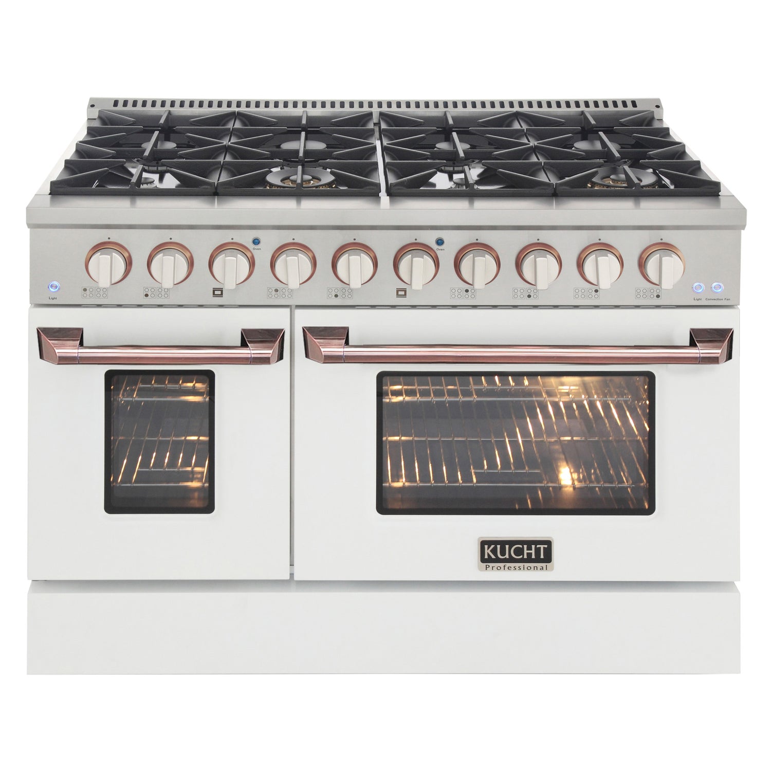 KUCHT Professional 48 in. 6.7 cu. ft. Propane Gas Range with Sealed Burners, Griddle/Grill and Two Ovens - One Convection - in Stainless Steel with White Oven Door, White Knobs and knob rings