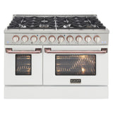 KUCHT Professional 48 in. 6.7 cu. ft. Propane Gas Range with Sealed Burners, Griddle/Grill and Two Ovens - One Convection - in Stainless Steel with White Oven Door, White Knobs and knob rings