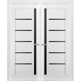Solid French Double Doors | Quadro 4588 White Silk with Black Glass | Wood Solid Panel Frame Trims | Closet Bedroom Sturdy Doors