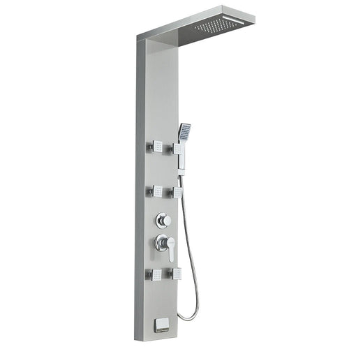 53 in. 6-Jet Stainless Steel Shower Panel System w/ Fixed Rainfall & Waterfall Shower Head, Tub Spout & Handheld, Jet Massage Feature