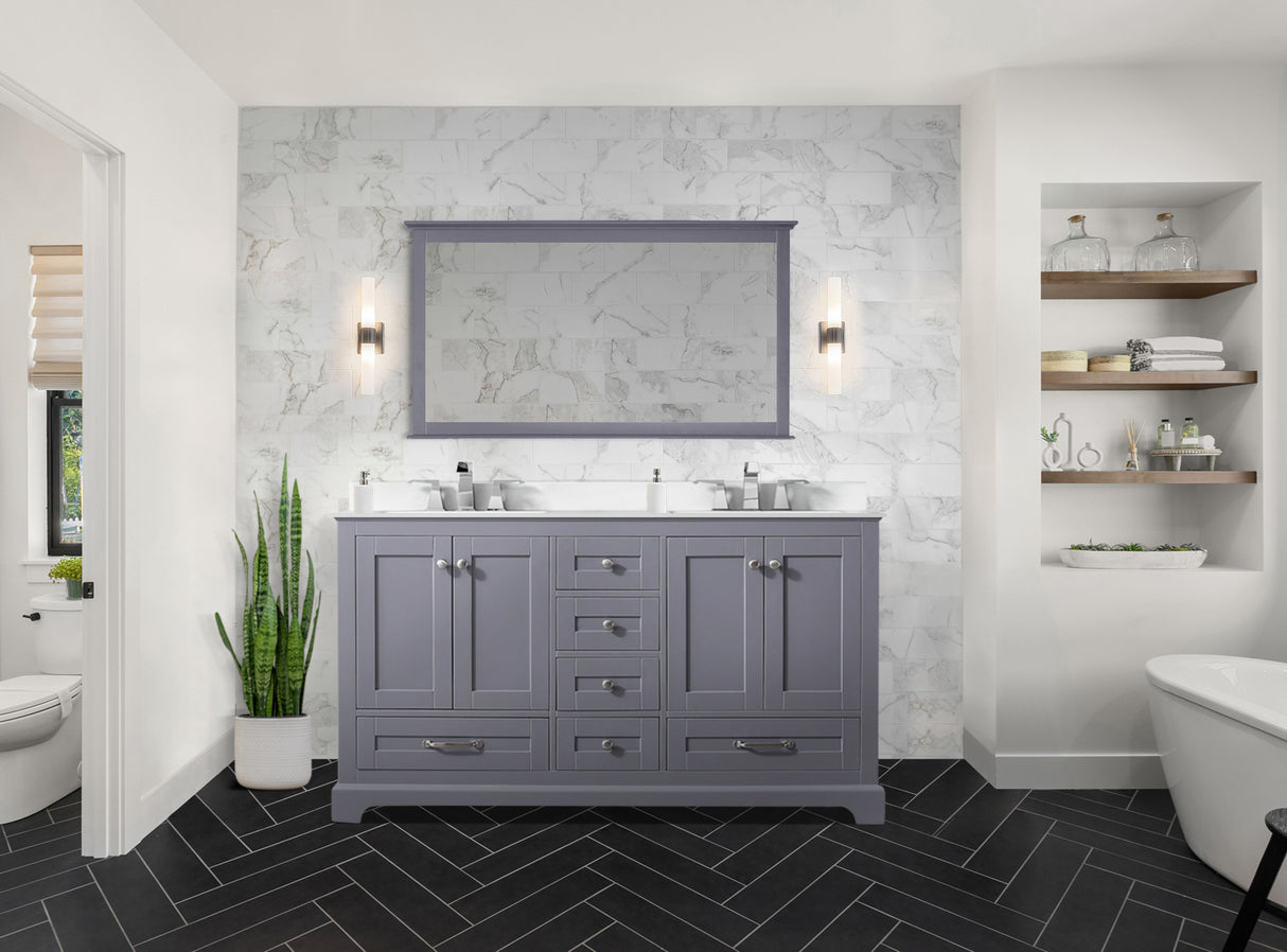 Dukes 60" Dark Grey Double Vanity, White Quartz Top, White Square Sinks and 58" Mirror