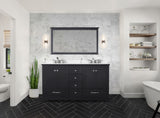 Dukes 60" Espresso Double Vanity, White Quartz Top, White Square Sinks and 58" Mirror
