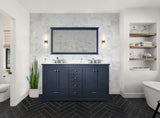 Dukes 60" Navy Blue Double Vanity, White Quartz Top, White Square Sinks and 58" Mirror w/ Faucets