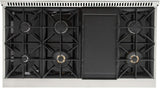 KUCHT Professional 48 in. 6.7 cu. ft. Dual Fuel Range for Propane Gas with Sealed Burners, Griddle/Grill and Two Ovens - One Convection - in Stainless Steel with Gold Handle, Rings and Knobs.