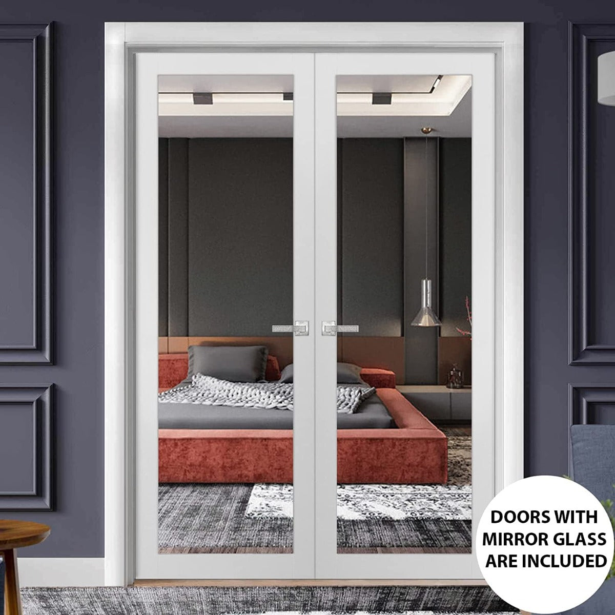 Solid French Double Doors | Lucia 1299 White Silk with Mirror | Wood Solid Panel Frame Trims | Closet Bedroom Sturdy Doors