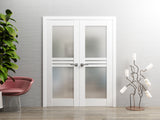 Solid French Double Doors Opaque Glass 4 Lites / Mela 7222 White Silk with Frosted Glass / Wood Solid Panel Frame / Closet Bedroom Modern Doors
