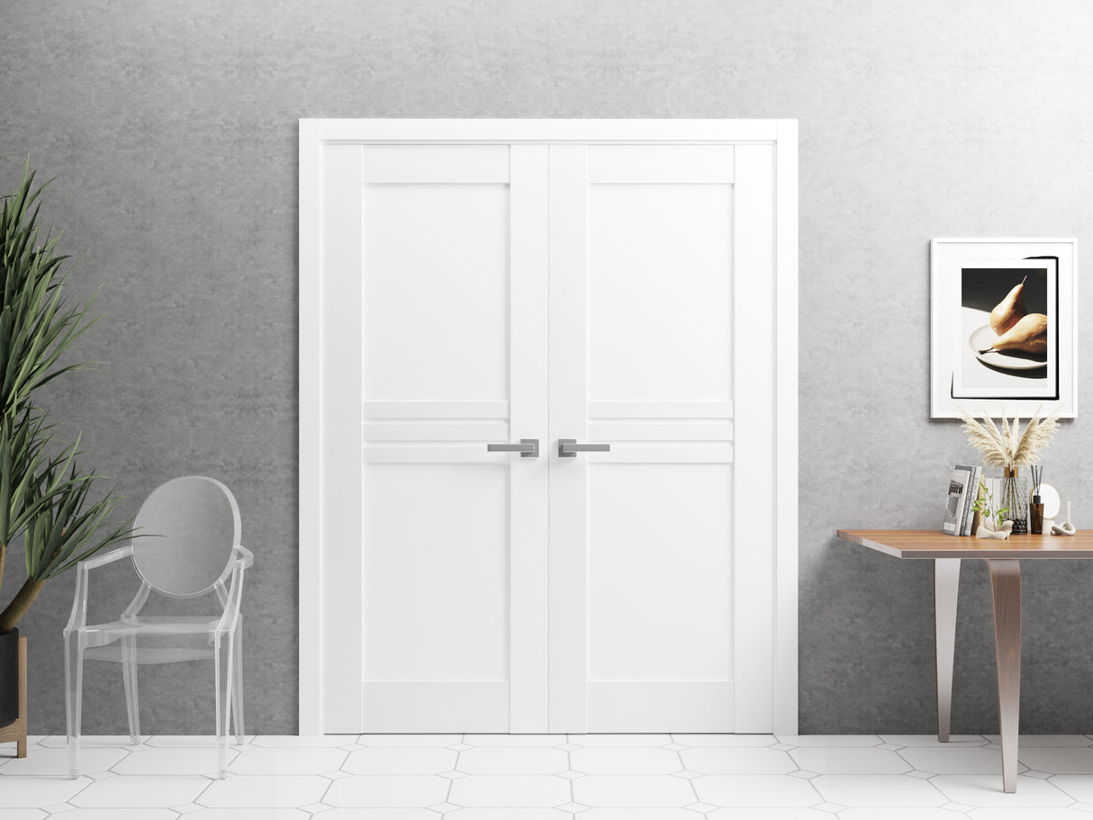 Solid French Double Doors / Mela 7444 White Silk / Wood Solid Panel Frame / Closet Bedroom Modern Doors