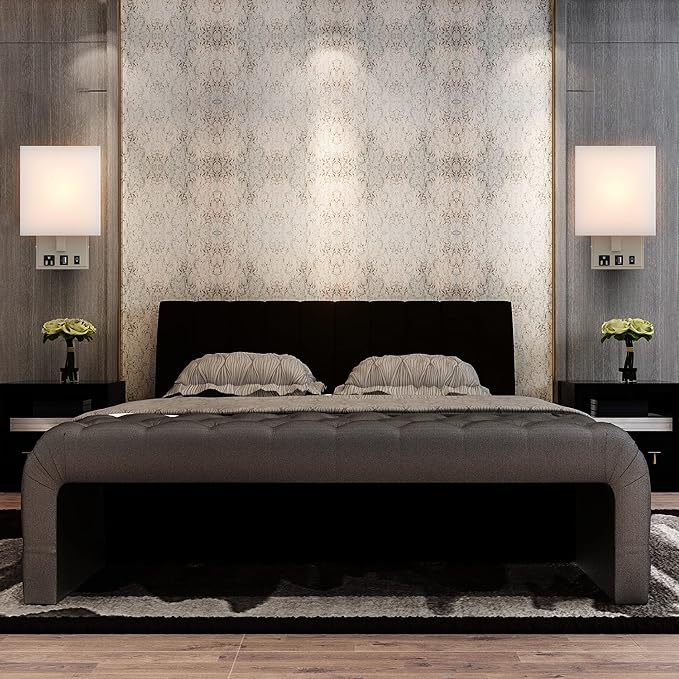 Modern LED Wall Sconce With 1 USB, 1 Switch, 1 Outlet - ETL Listed, Satin Nickel Finish W/ White shade