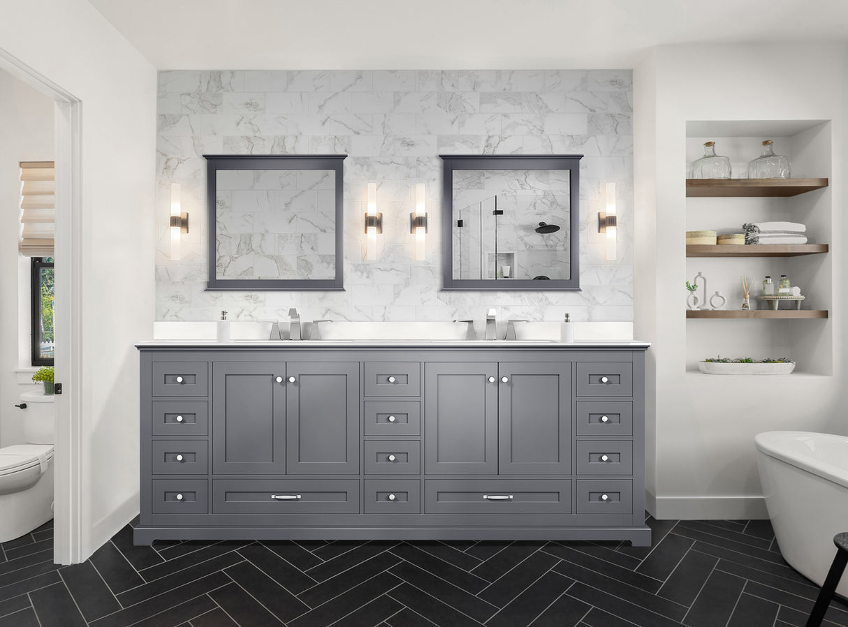 Dukes 84" Dark Grey Double Vanity, White Quartz Top, White Square Sinks and 34" Mirrors