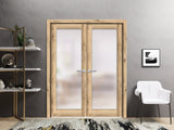 Solid French Double Doors | Planum 2102 Oak with Frosted Glass | Wood Solid Panel Frame Trims | Closet Bedroom Sturdy Doors