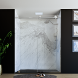 60" x 76" Frameless Shower Door with Chrome - Solid Surface Shower Base Tray - Shower Kit with covered drain - and 5pc Shower Wall System