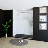 60" x 76" Frameless Shower Door with Chrome - Solid Surface Shower Base Tray - Shower Kit with covered drain - and 5pc Shower Wall System