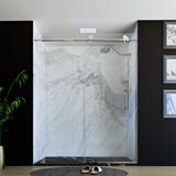 60" x 76" Frameless Shower Door with Chrome - Solid Surface Shower Base Tray - Shower Kit with covered drain - and 5pc Shower Wall System