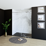 60" x 76" Frameless Shower Door with Chrome - Solid Surface Shower Base Tray - Shower Kit with covered drain - and 5pc Shower Wall System