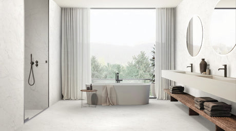 48 x 110 in Majesto Ariel Bianco Polished Rectified Colorsync Sintered Slab 6 mm installed