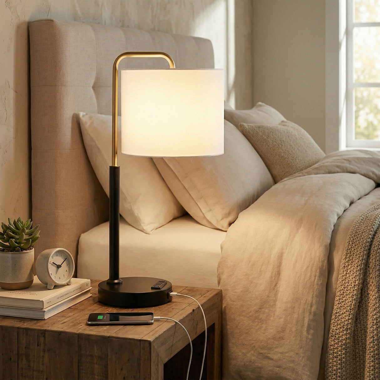 12″D x 23″H Modern Desk Lamp with White Linen Shade – Black or Brushed Brass Finish - 4 Pack