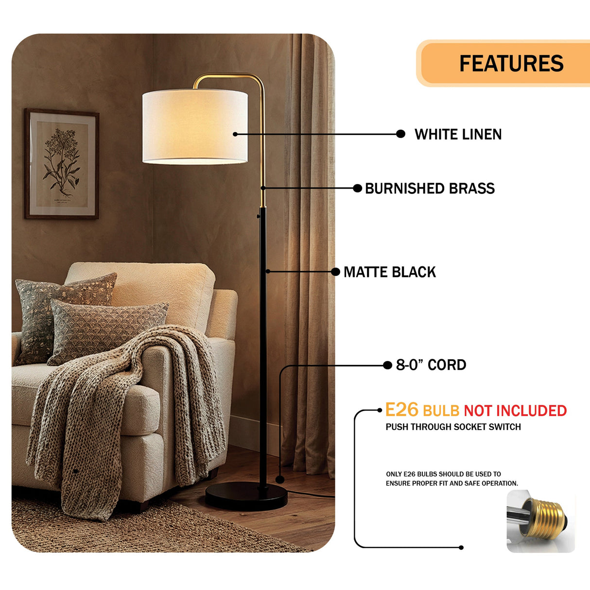 15″W x 60″H Floor Lamp with White Linen Shade – Black or Brushed Brass Finish - 2 Pack