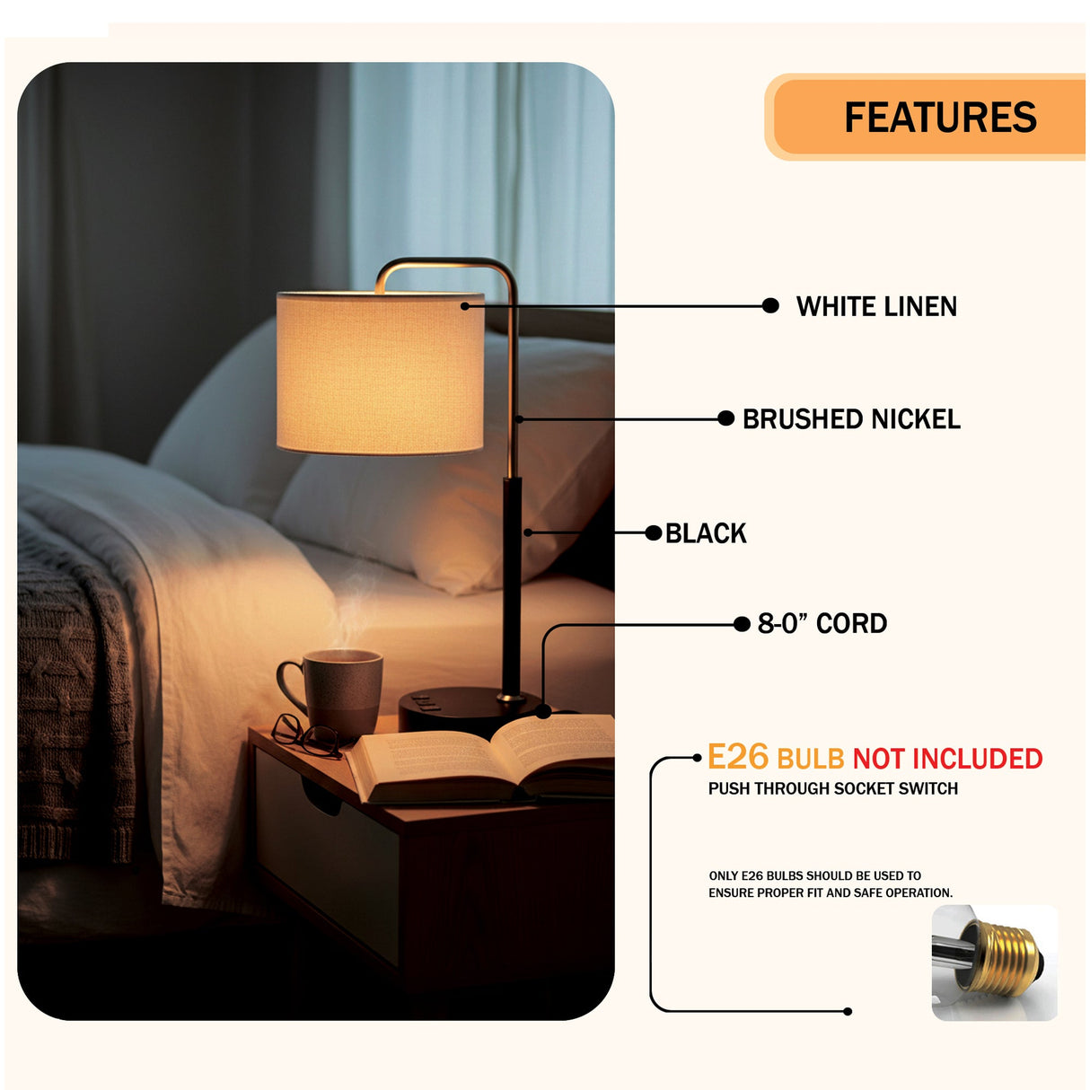 12″D x 23″H Modern Desk Lamp with White Linen Shade – Black or Brushed Brass Finish - 4 Pack