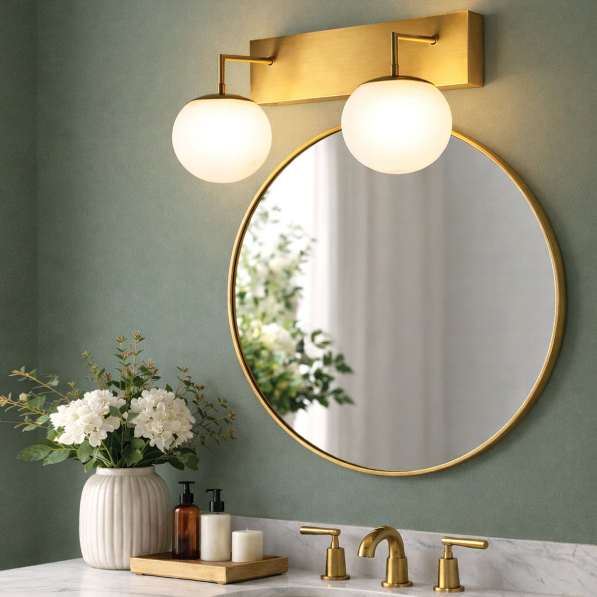 18″W x 10″H x 8″E Burnished Brass Double Wall Sconce with Dual Frosted White Acrylic Shades and 2×E26 Rocker-Switch Lights - 2 Pack