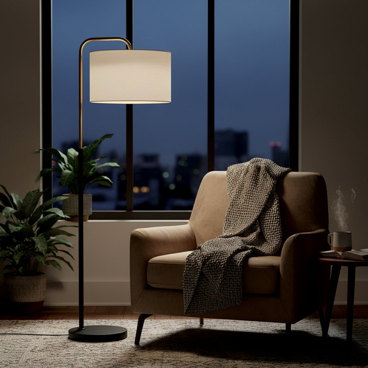 15″W x 60″H Floor Lamp with White Linen Shade – Black or Brushed Brass Finish - 2 Pack