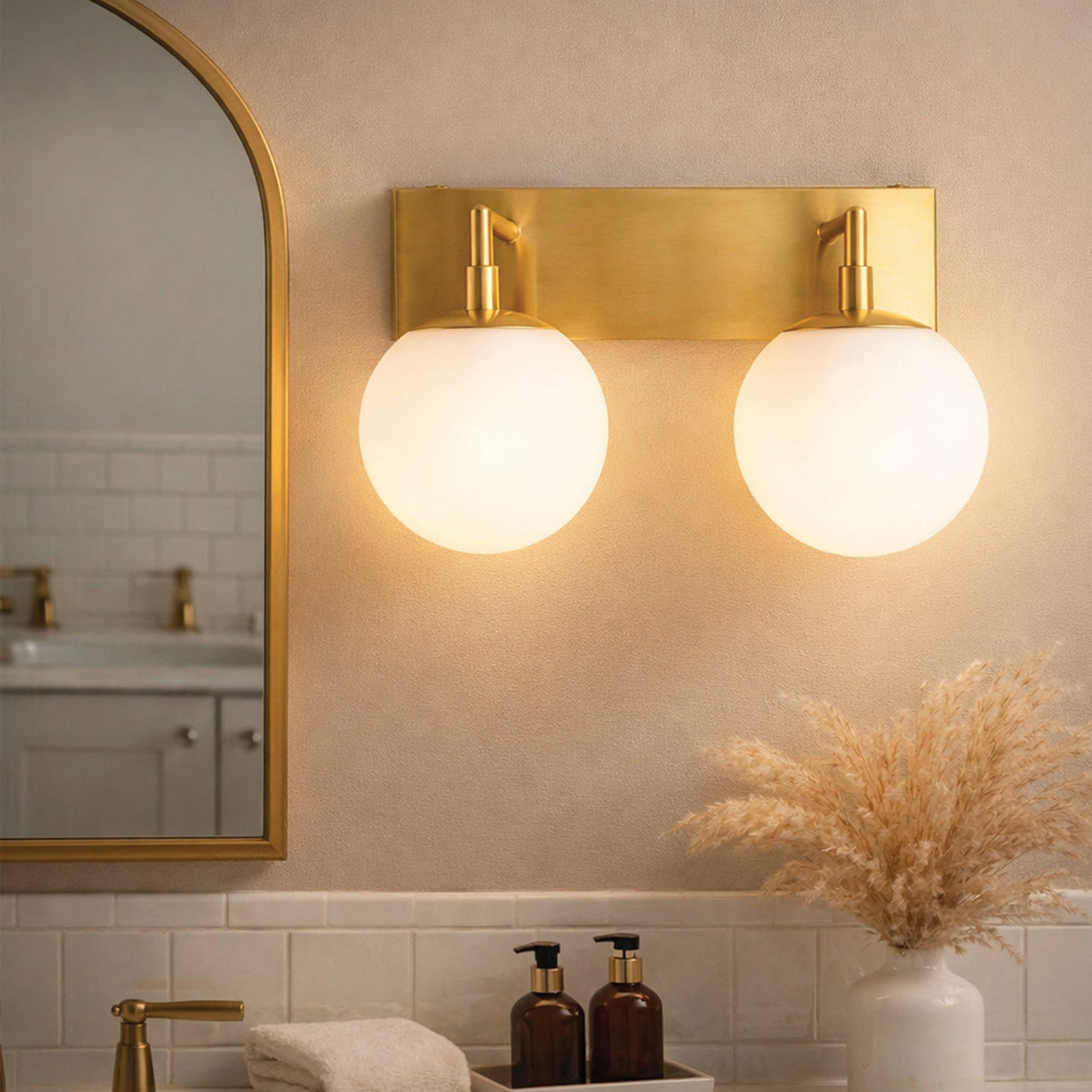 18″W x 10″H x 8″E Burnished Brass Double Wall Sconce with Dual Frosted White Acrylic Shades and 2×E26 Rocker-Switch Lights - 2 Pack