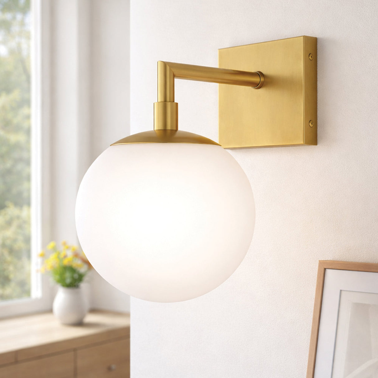 6.5″W x 10″H x 8″E Burnished Brass Wall Sconce with Frosted White Acrylic Shade and E26 Rocker-Switch Light - 4 Pack