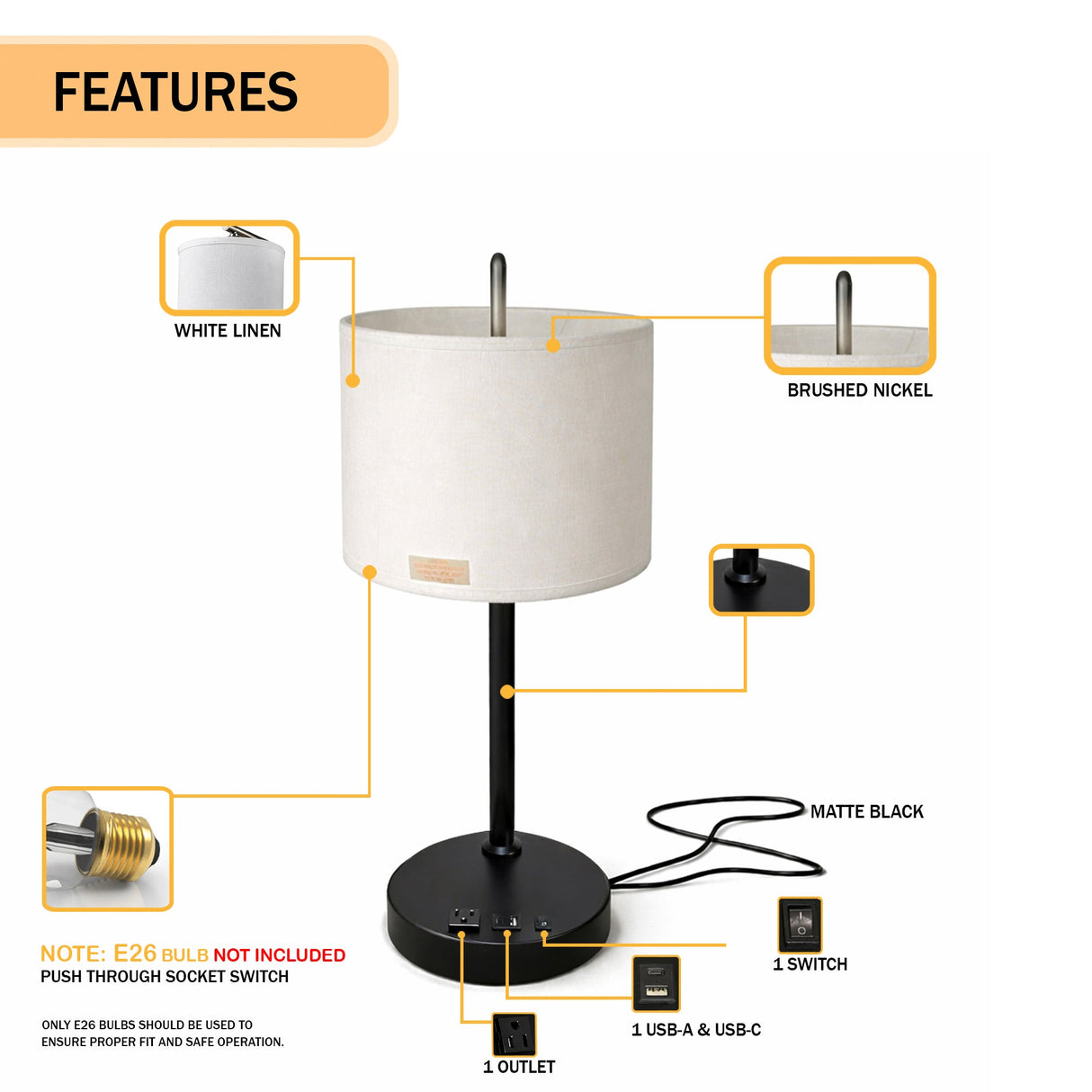12″D x 23″H Modern Desk Lamp with White Linen Shade – Black or Brushed Brass Finish - 4 Pack