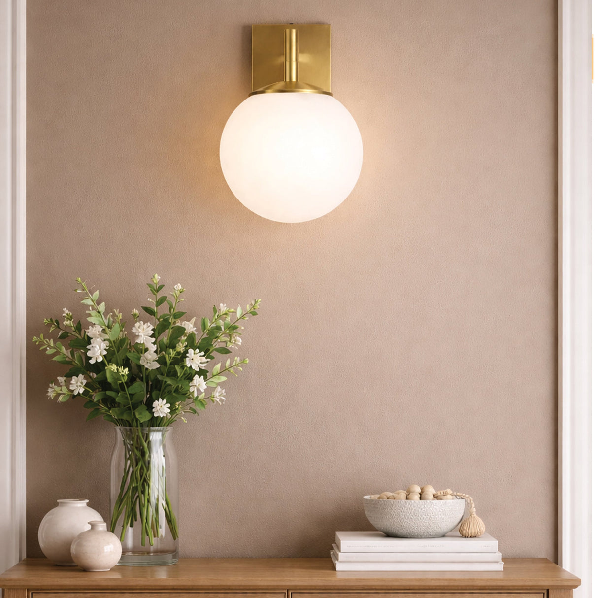 6.5″W x 10″H x 8″E Burnished Brass Wall Sconce with Frosted White Acrylic Shade and E26 Rocker-Switch Light - 4 Pack