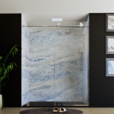 60" x 76" Frameless Shower Door with Chrome - Solid Surface Shower Base Tray - Shower Kit with covered drain - and 5pc Shower Wall System
