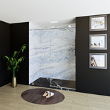 60" x 76" Frameless Shower Door with Chrome - Solid Surface Shower Base Tray - Shower Kit with covered drain - and 5pc Shower Wall System