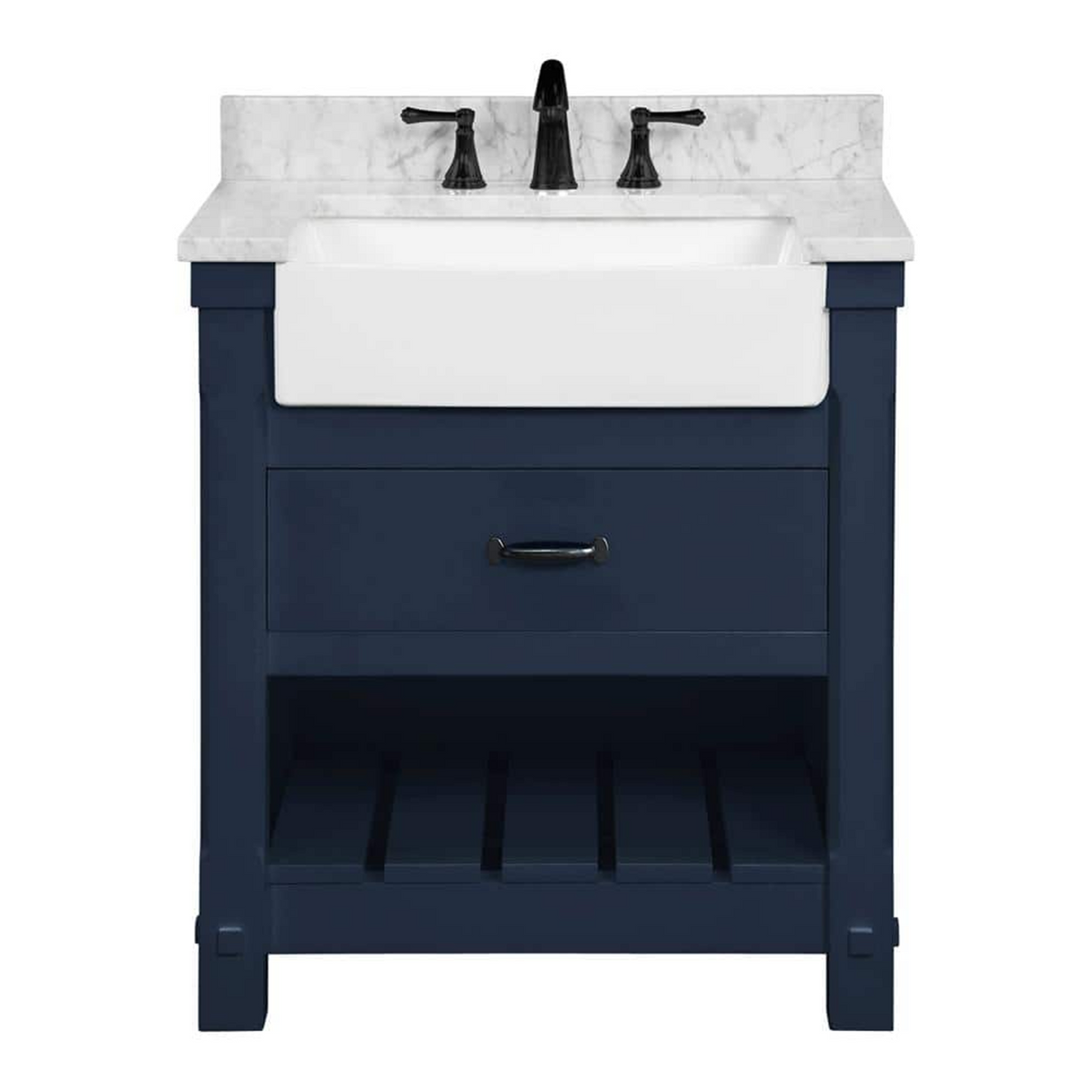 30" Farmington Freestanding Solid Wood Bathroom Vanity in Navy Blue with Carrara Engineered Stone Top with 4 in. Backsplash & Apron Farmhouse Sink