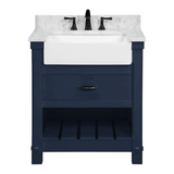 30" Farmington Freestanding Solid Wood Bathroom Vanity in Navy Blue with Carrara Engineered Stone Top with 4 in. Backsplash & Apron Farmhouse Sink