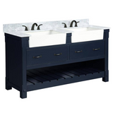 60" Farmington Freestanding Solid Wood Bathroom Vanity in Navy Blue with Carrara Engineered Stone Top with 4 in. Backsplash & Apron Farmhouse Double Sink