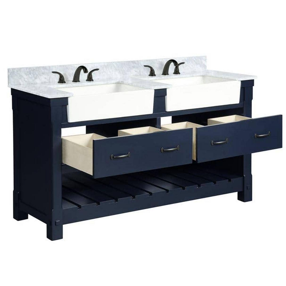60" Farmington Freestanding Solid Wood Bathroom Vanity in Navy Blue with Carrara Engineered Stone Top with 4 in. Backsplash & Apron Farmhouse Double Sink