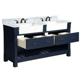 60" Farmington Freestanding Solid Wood Bathroom Vanity in Navy Blue with Carrara Engineered Stone Top with 4 in. Backsplash & Apron Farmhouse Double Sink