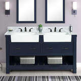 60" Farmington Freestanding Solid Wood Bathroom Vanity in Navy Blue with Carrara Engineered Stone Top with 4 in. Backsplash & Apron Farmhouse Double Sink