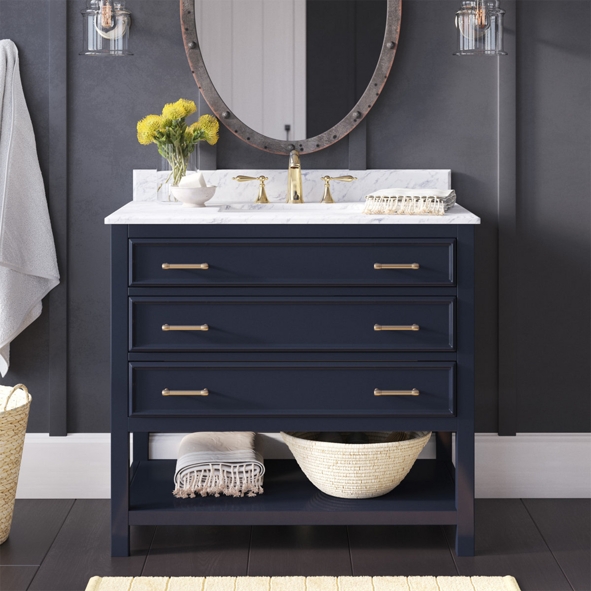 36" Manhattan Freestanding Solid Wood Bathroom Vanity in Navy Blue with Natural Carrara White Marble Sink Top with 4 In. Backsplash