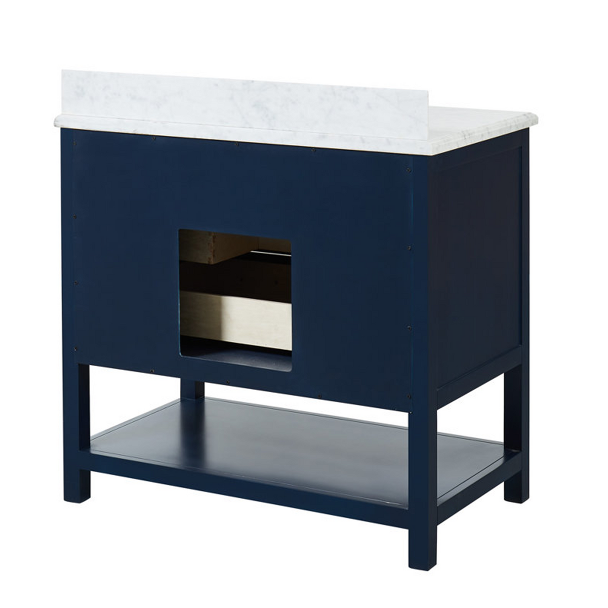 36" Manhattan Freestanding Solid Wood Bathroom Vanity in Navy Blue with Natural Carrara White Marble Sink Top with 4 In. Backsplash