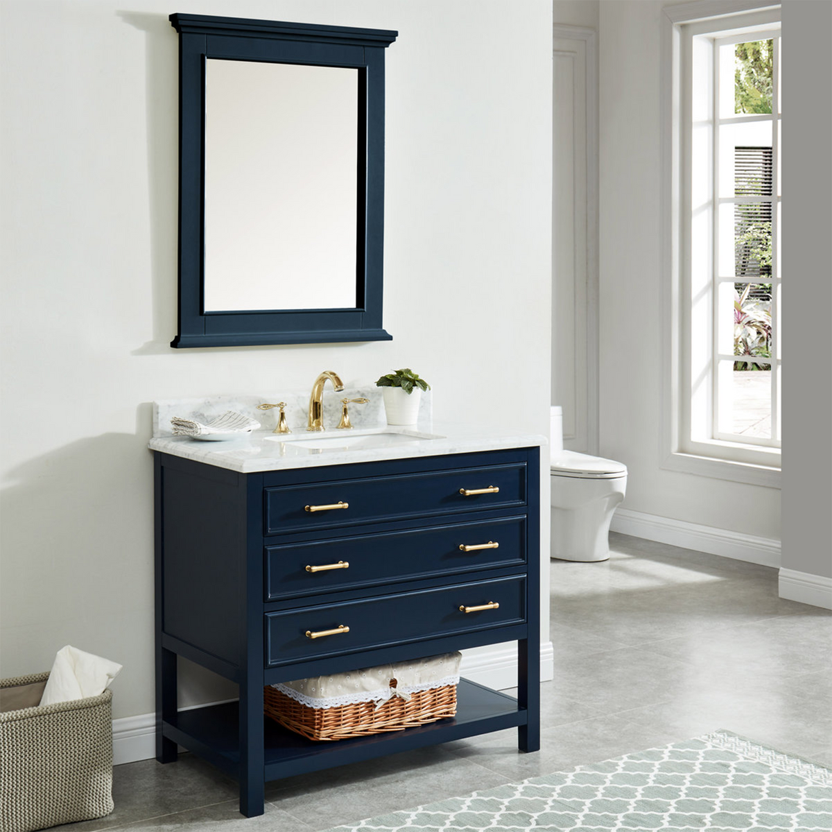 36" Manhattan Freestanding Solid Wood Bathroom Vanity in Navy Blue with Natural Carrara White Marble Sink Top with 4 In. Backsplash